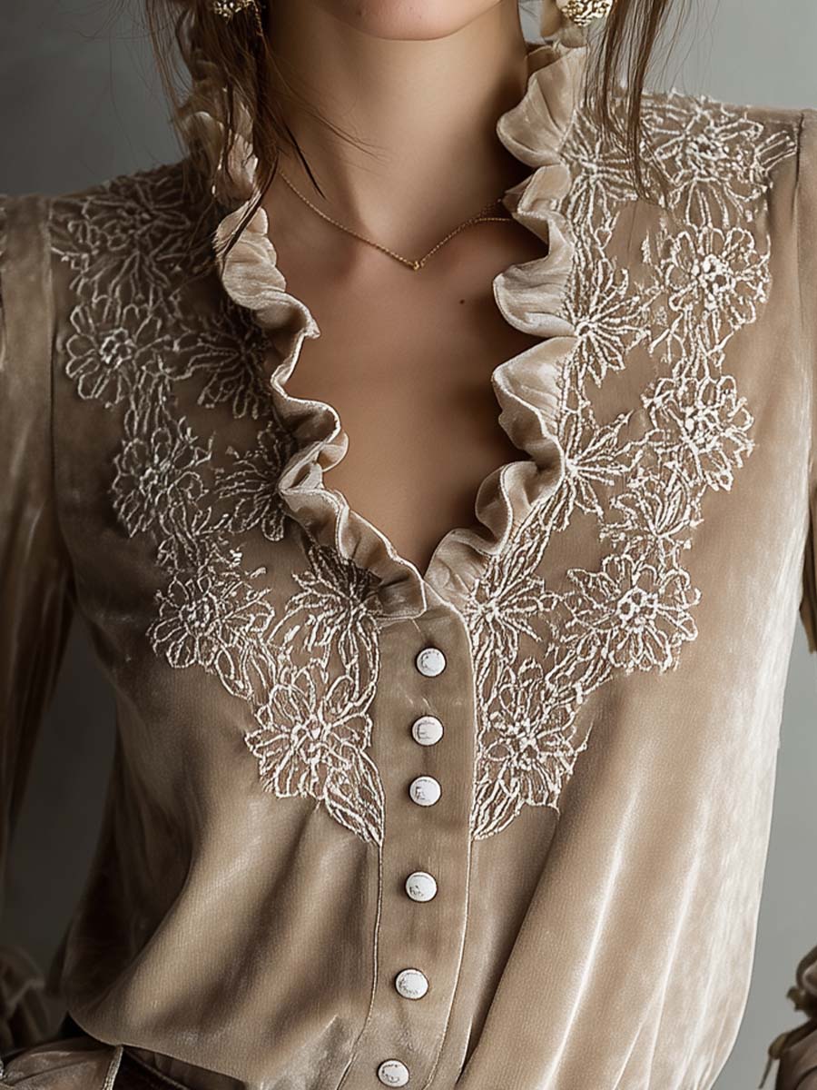 Champagne Beige Floral Embroidered Ruffled Velvet Shirt - Image 4