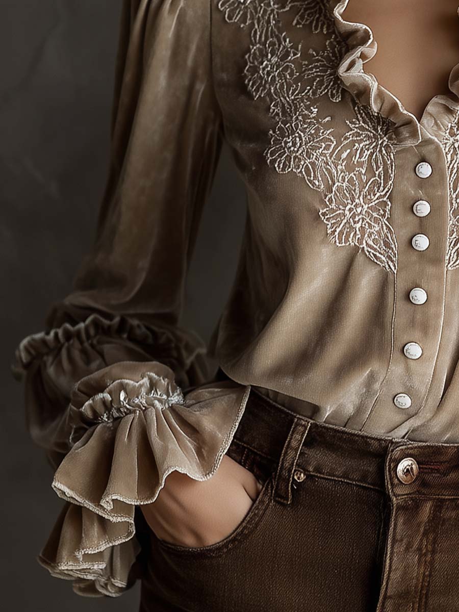 Champagne Beige Floral Embroidered Ruffled Velvet Shirt - Image 5