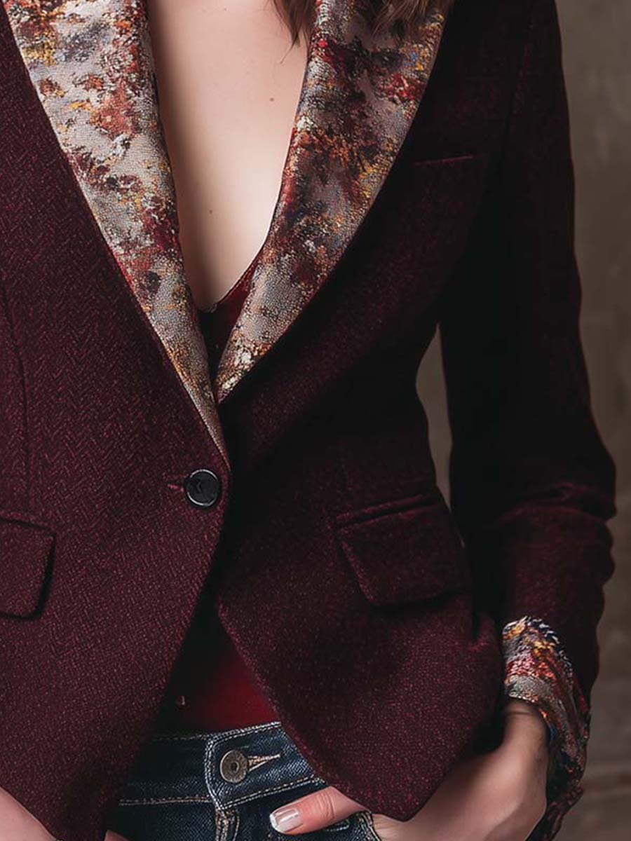 Chenille Herringbone Tailored Blazer With Printed Contrast Lapels And Cuffs - Image 3