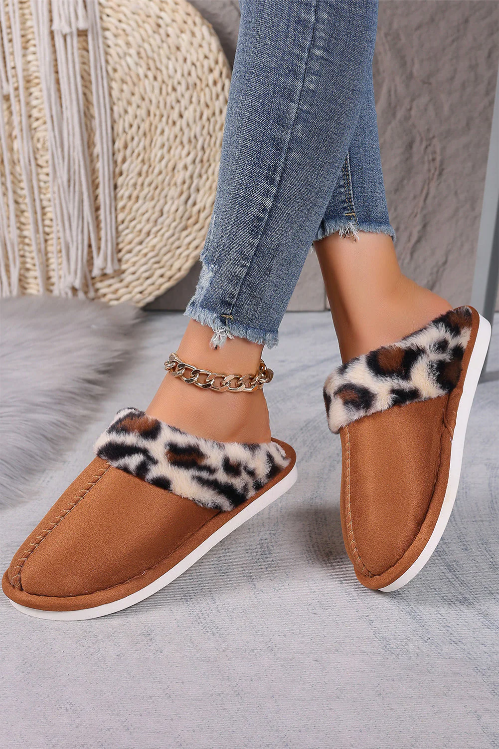 Chestnut Leopard Patched Plush Lined Thick Home Slippers - Image 3
