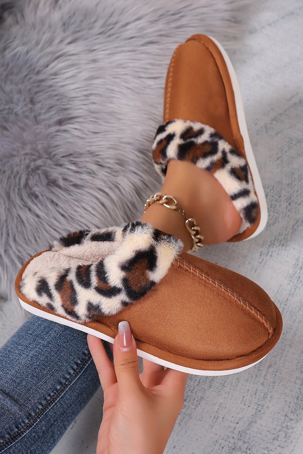 Chestnut Leopard Patched Plush Lined Thick Home Slippers - Image 4