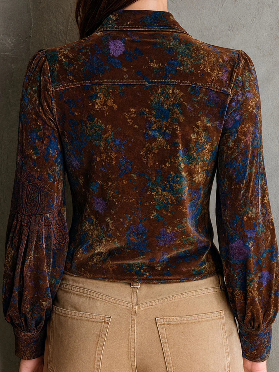 Chic Boho Floral Print Velvet Blouse With Ruffle Trim - Image 2