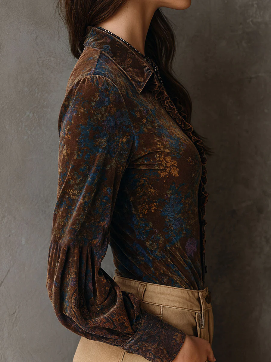 Chic Boho Floral Print Velvet Blouse With Ruffle Trim - Image 3