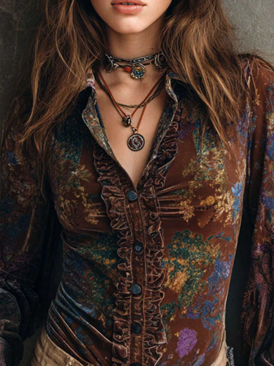 Chic Boho Floral Print Velvet Blouse With Ruffle Trim - Image 4