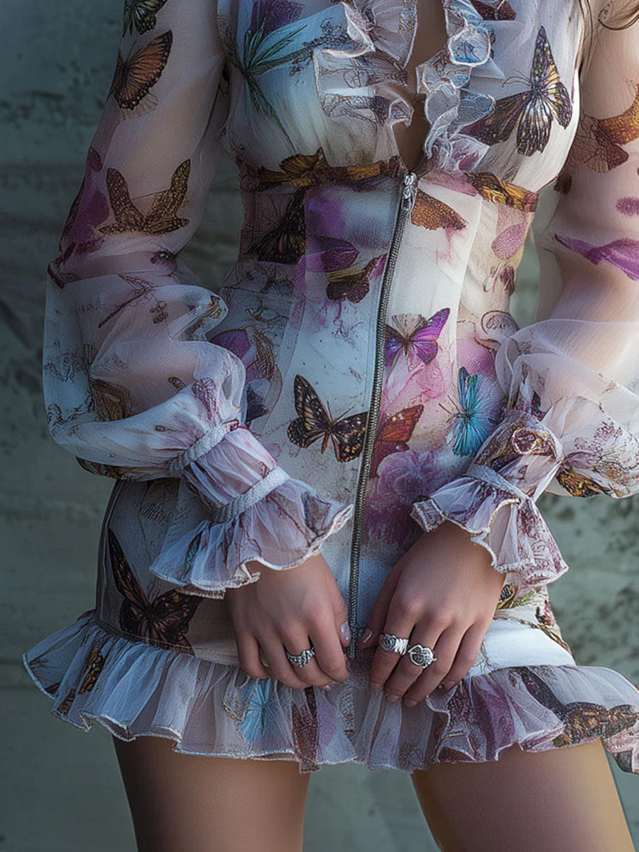 Chic Boho Zip Front Sheer Butterfly Print Ruffle Mini Dress - Image 3