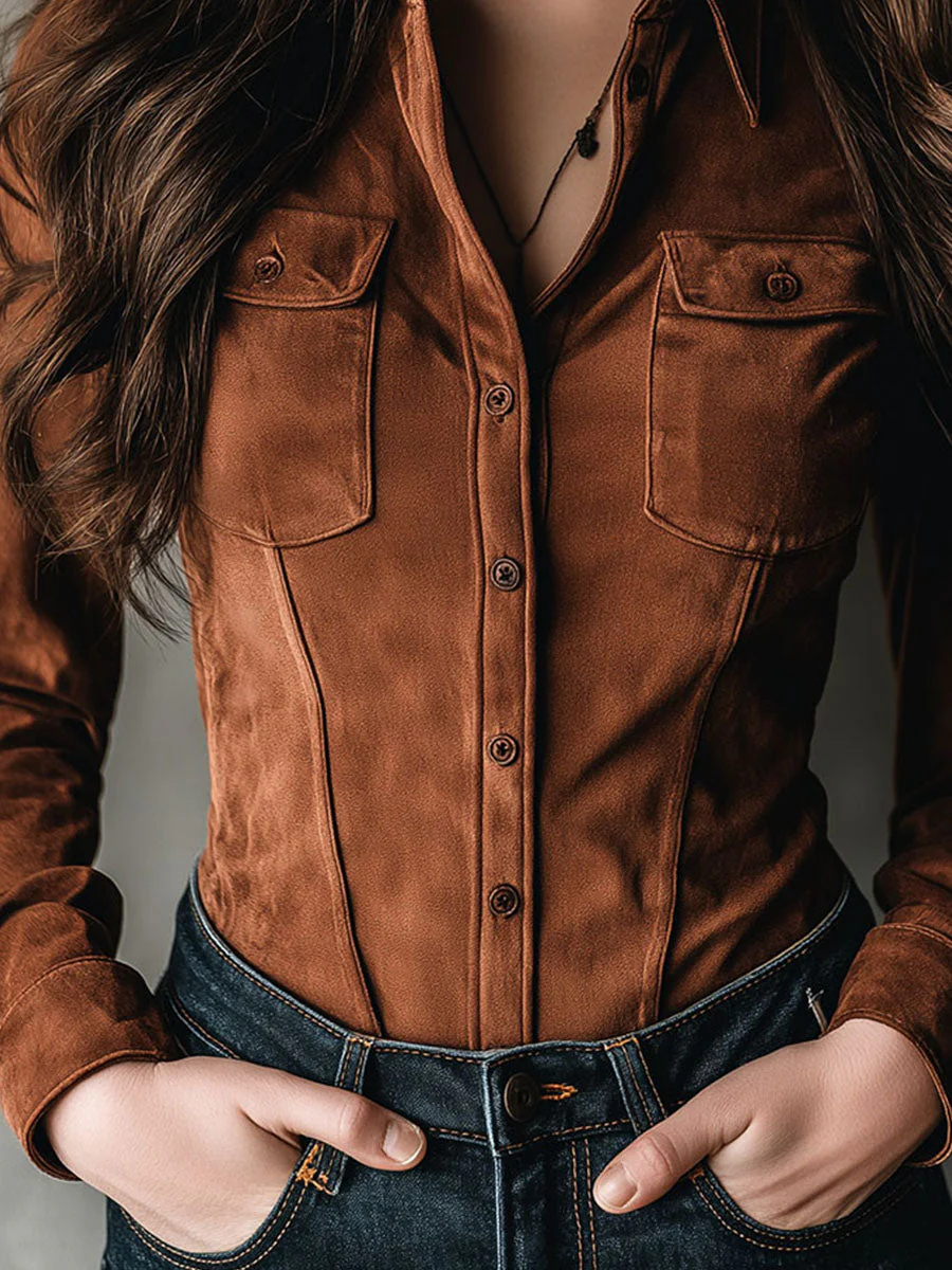 Chic Chestnut Microsuede Button-Up Corset Shirt - Image 2