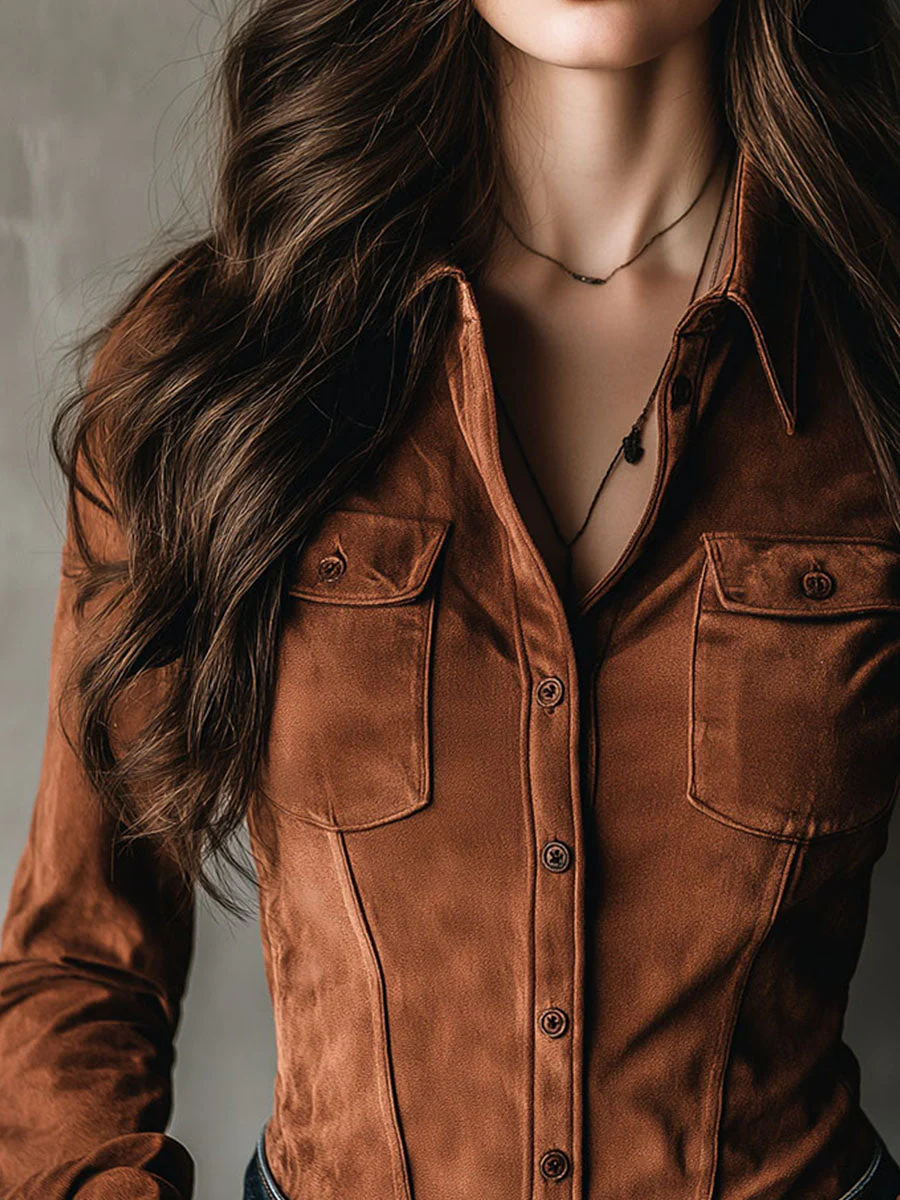 Chic Chestnut Microsuede Button-Up Corset Shirt - Image 3