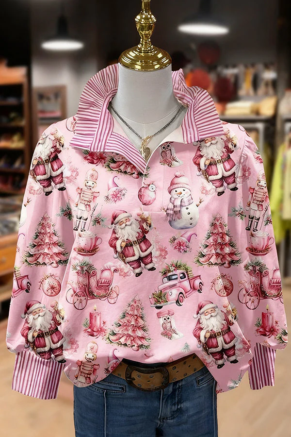 Chic Christmas Santa Print Striped Long Sleeve Top