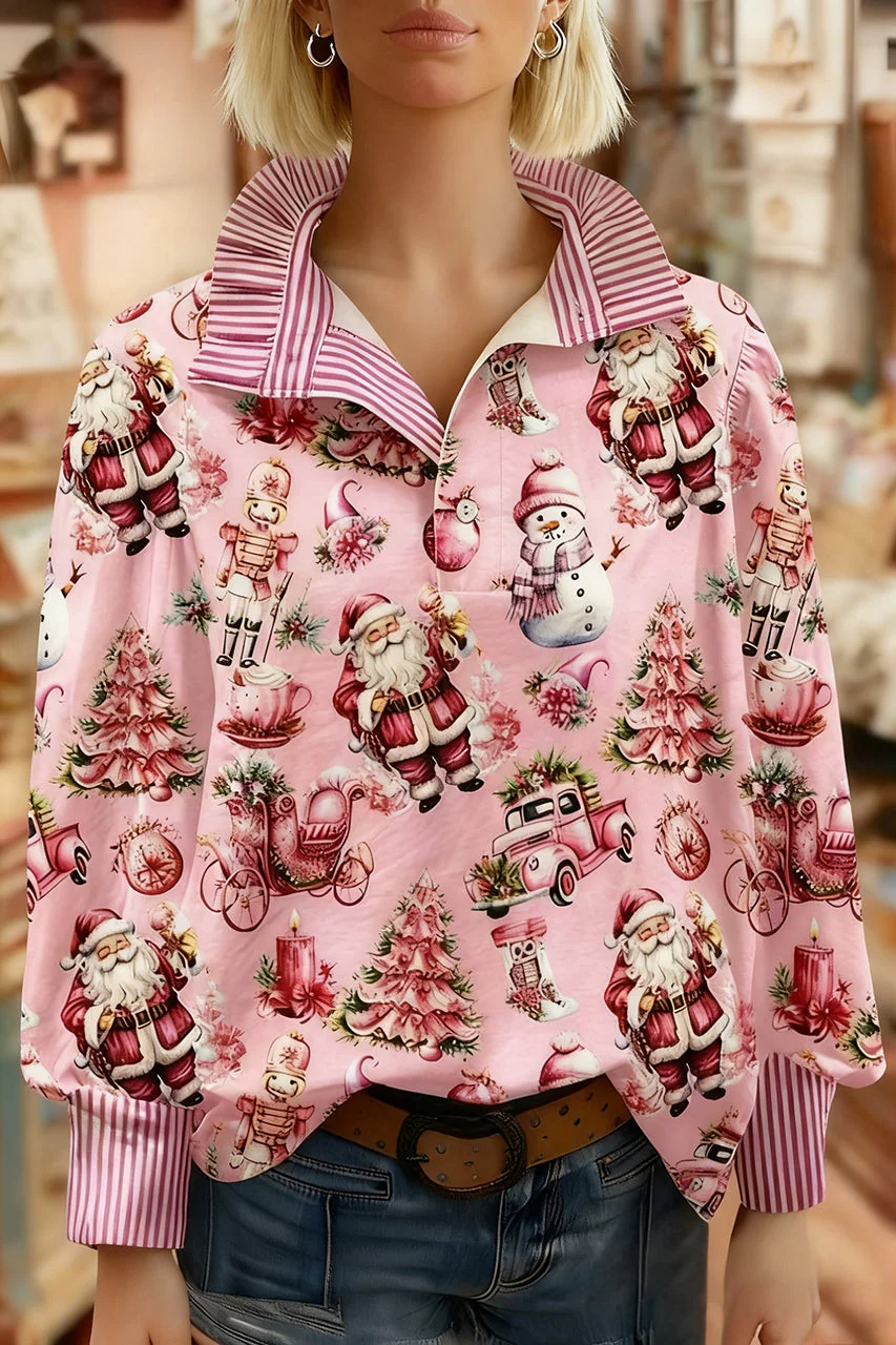 Chic Christmas Santa Print Striped Long Sleeve Top - Image 2