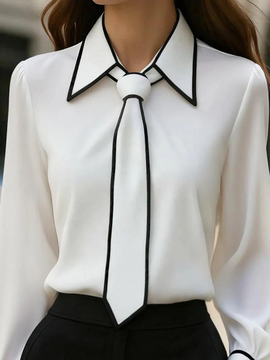 Chic Contrast Trim Tie-Neck Blouse - Image 2