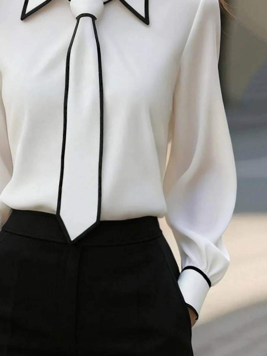 Chic Contrast Trim Tie-Neck Blouse - Image 3
