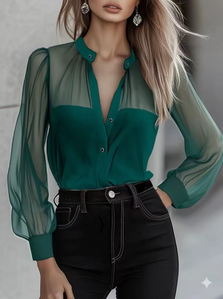 Chic Crew Neck Sheer Sleeves Button Down Shirt - Image 3