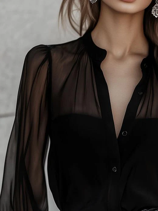 Chic Crew Neck Sheer Sleeves Button Down Shirt - Image 9
