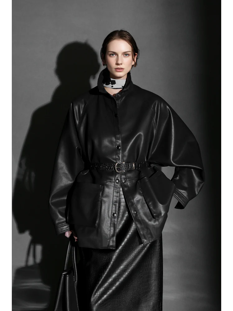 Chic Oversized Leather Jacket for Women – Premium Lambskin Commuter Coat with Large Pockets, Autumn Fashion