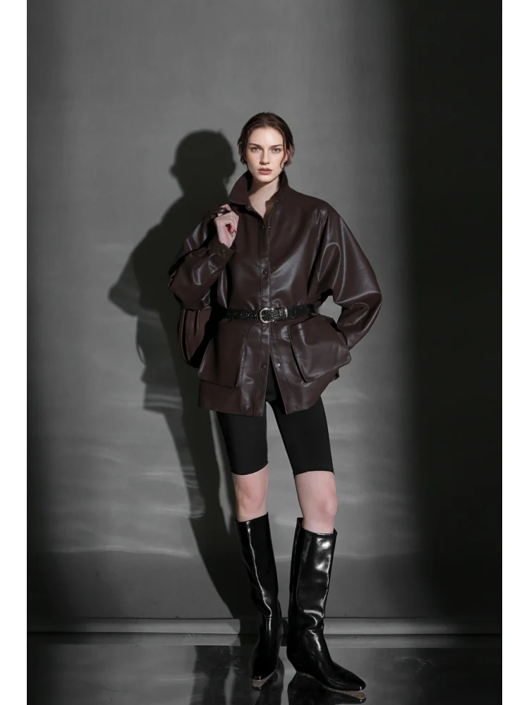 Chic Oversized Leather Jacket for Women – Premium Lambskin Commuter Coat with Large Pockets, Autumn Fashion - Image 2