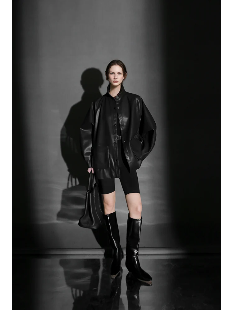 Chic Oversized Leather Jacket for Women – Premium Lambskin Commuter Coat with Large Pockets, Autumn Fashion - Image 5