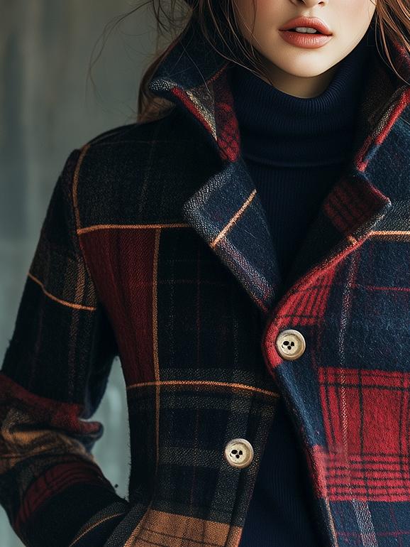 Chic Stand Collar Plaid Pattern Woolen Jacket - Image 2