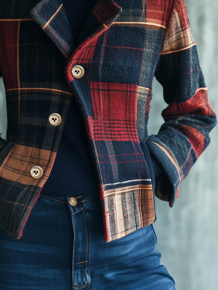 Chic Stand Collar Plaid Pattern Woolen Jacket - Image 3