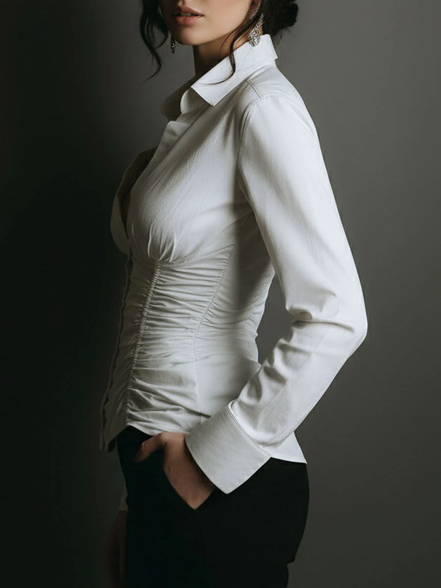 Chic White Ruched Button-Down Corset Blouse - Image 4