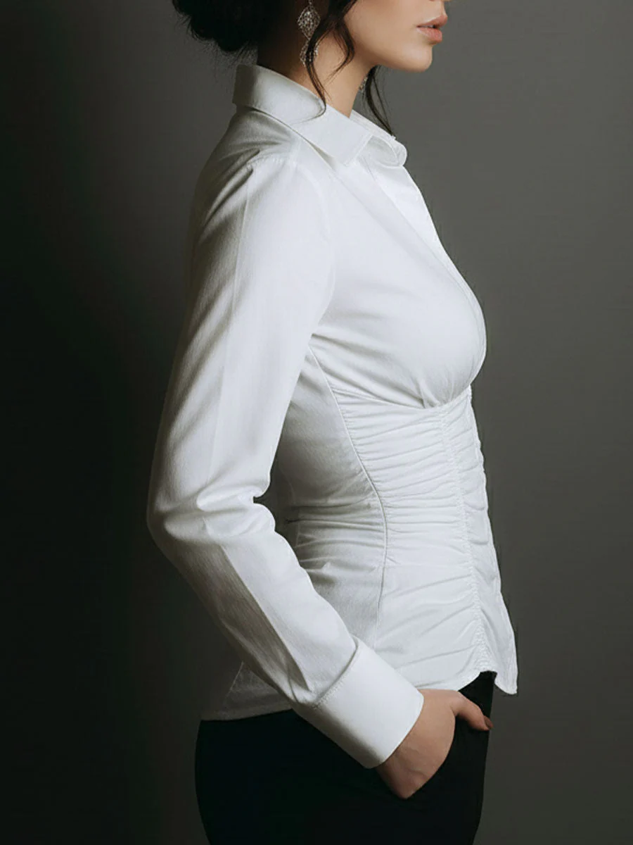 Chic White Ruched Button-Down Corset Blouse - Image 5