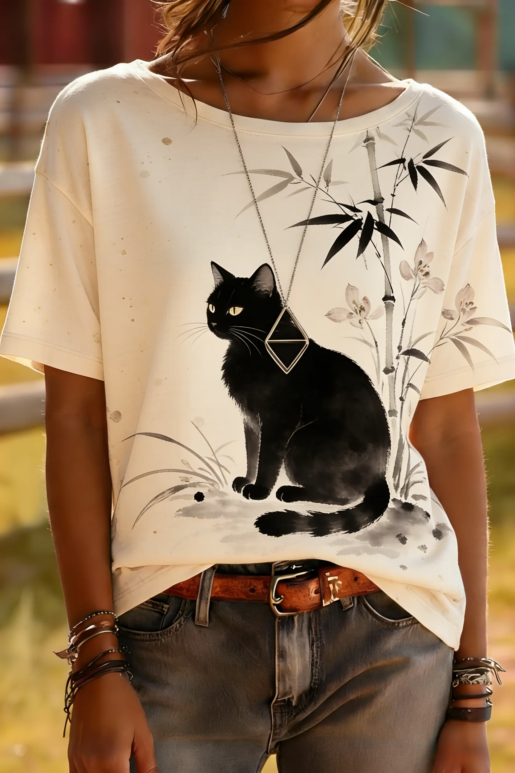 Chinese Style Black Cat Print T-Shirt - Bamboo & Floral Zen Tee