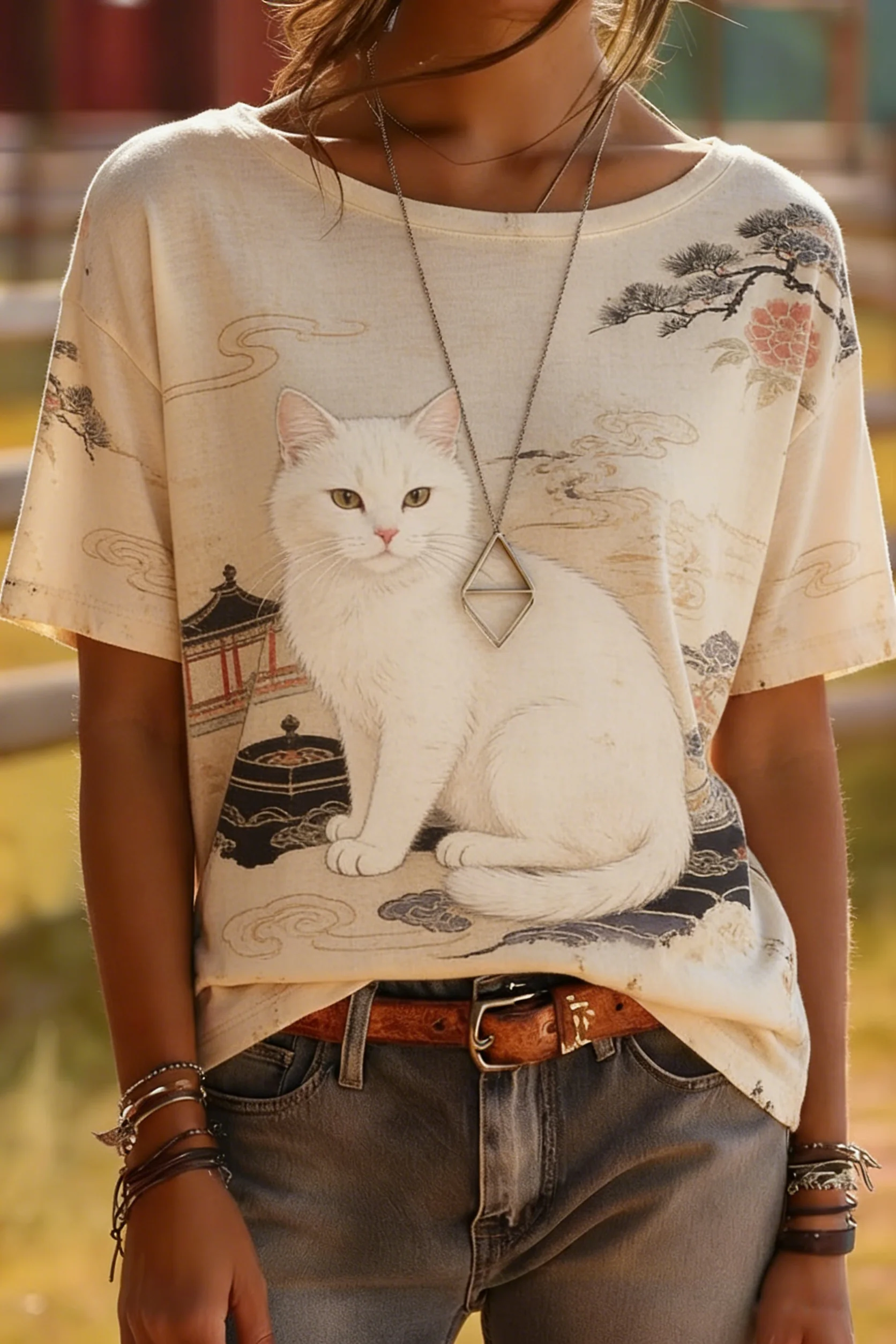 Chinese Style White Cat Print T-Shirt - Oriental Zen Tee