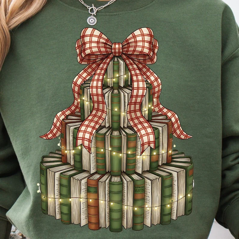 Christmas Book Tree Printed Long Sleeve Casual Top - Image 2