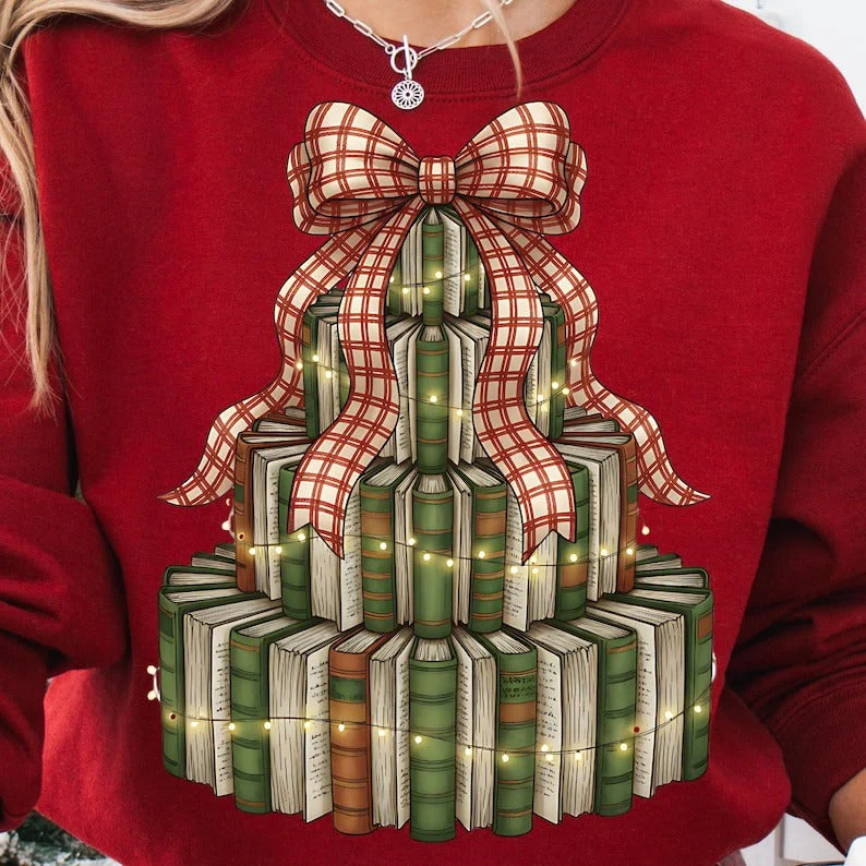 Christmas Book Tree Printed Long Sleeve Casual Top - Image 3