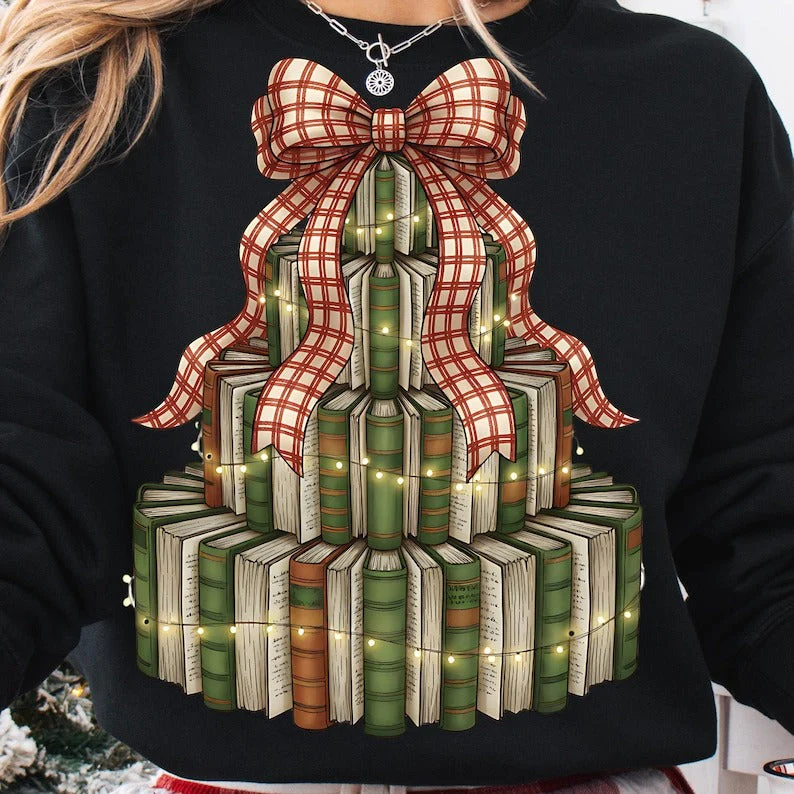 Christmas Book Tree Printed Long Sleeve Casual Top - Image 4