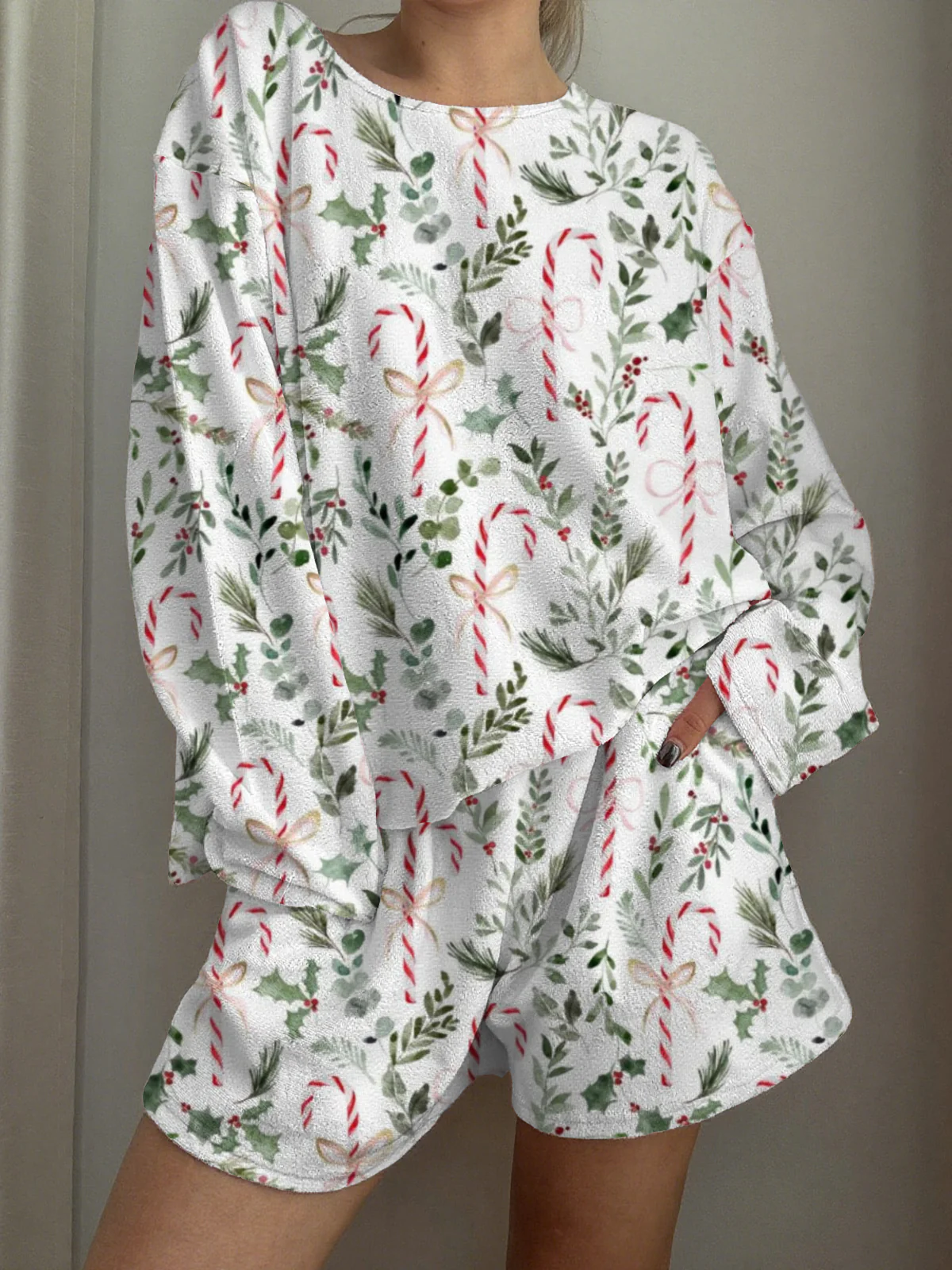 Christmas Candy Cane Printed Long-Sleeved Shorts Loungewear Set