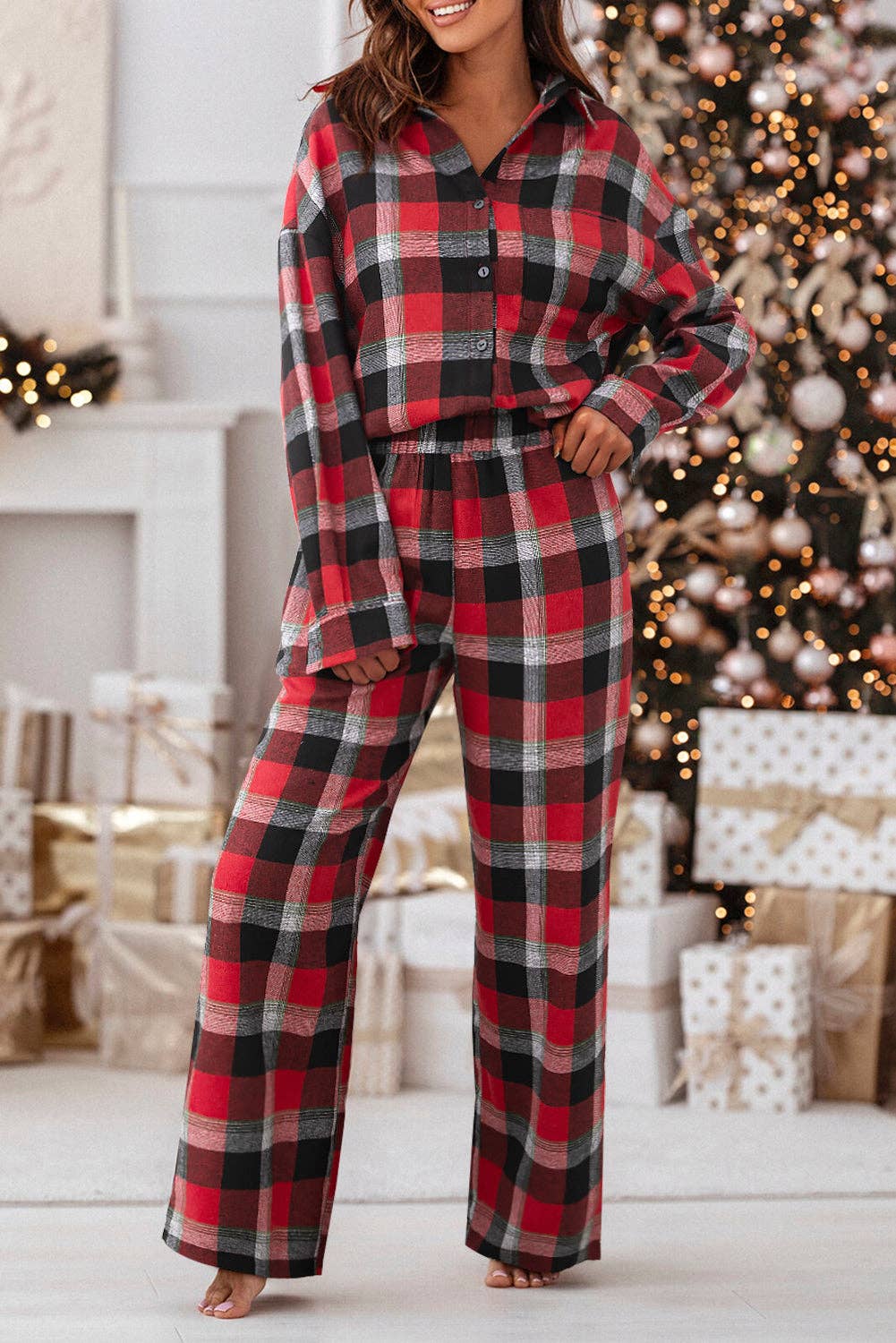Wendy Checkered Pattern Loose Shirt and Pants Lounge Set - Image 2