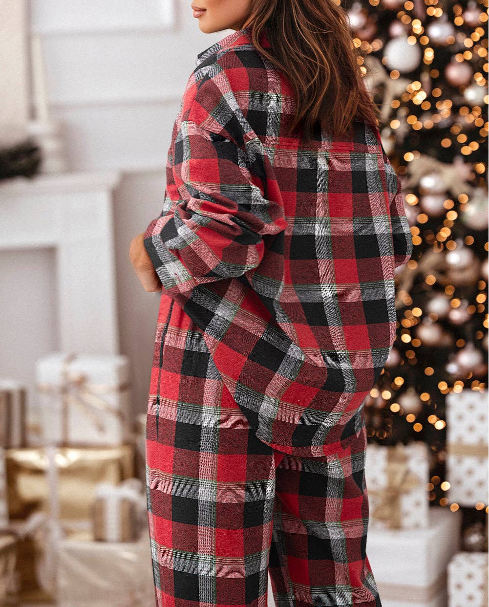 Wendy Checkered Pattern Loose Shirt and Pants Lounge Set - Image 3