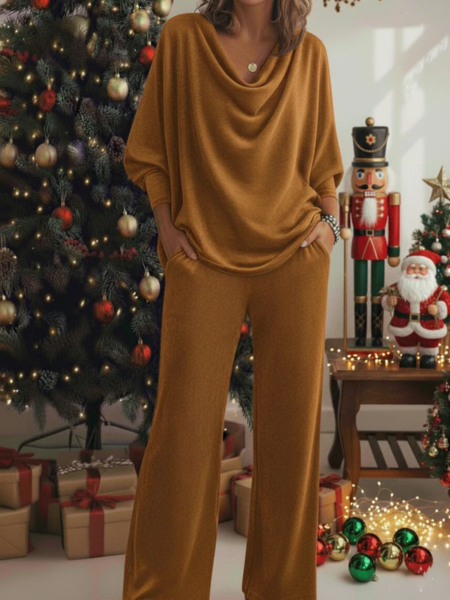 Christmas Cozy Velvet Cowl Collar Top And Pants Two-piece Set - Image 2