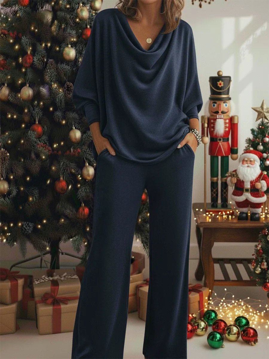 Christmas Cozy Velvet Cowl Collar Top And Pants Two-piece Set - Image 3
