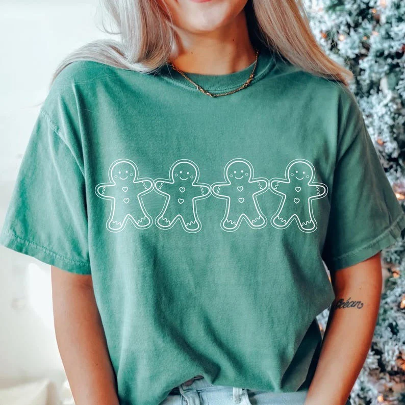 Christmas Gingerbread Man Washed Cotton Crew Neck T-Shirt - Image 4