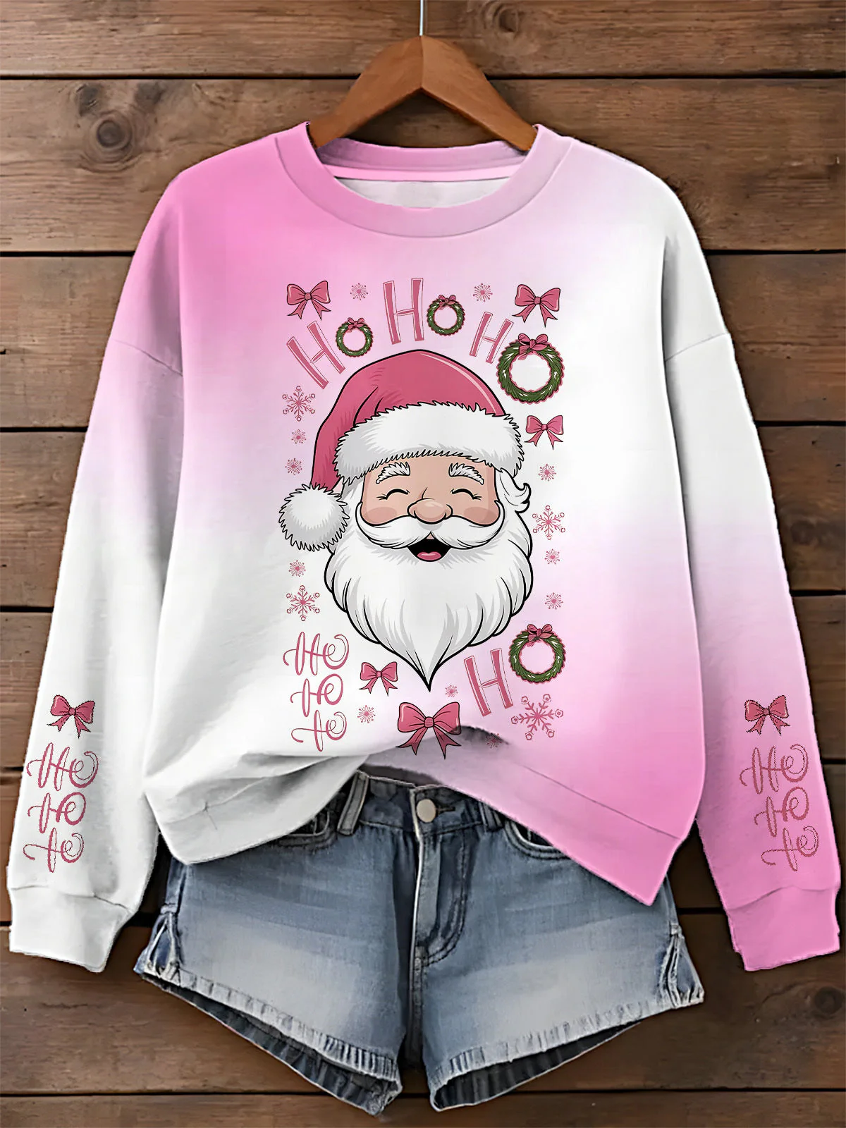 Christmas Gradient Pink Printed Long Sleeve Casual Top