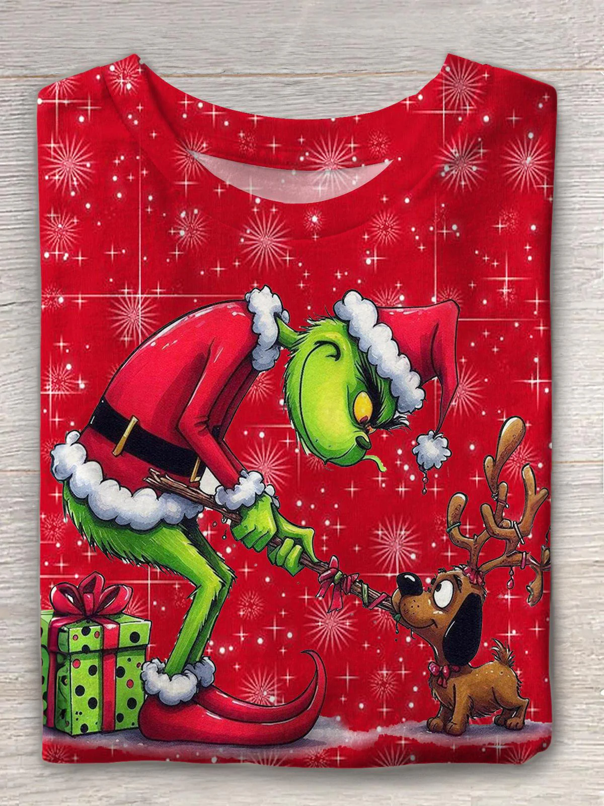 Christmas Grinch Puppy Crew Neck T-shirt - Image 2