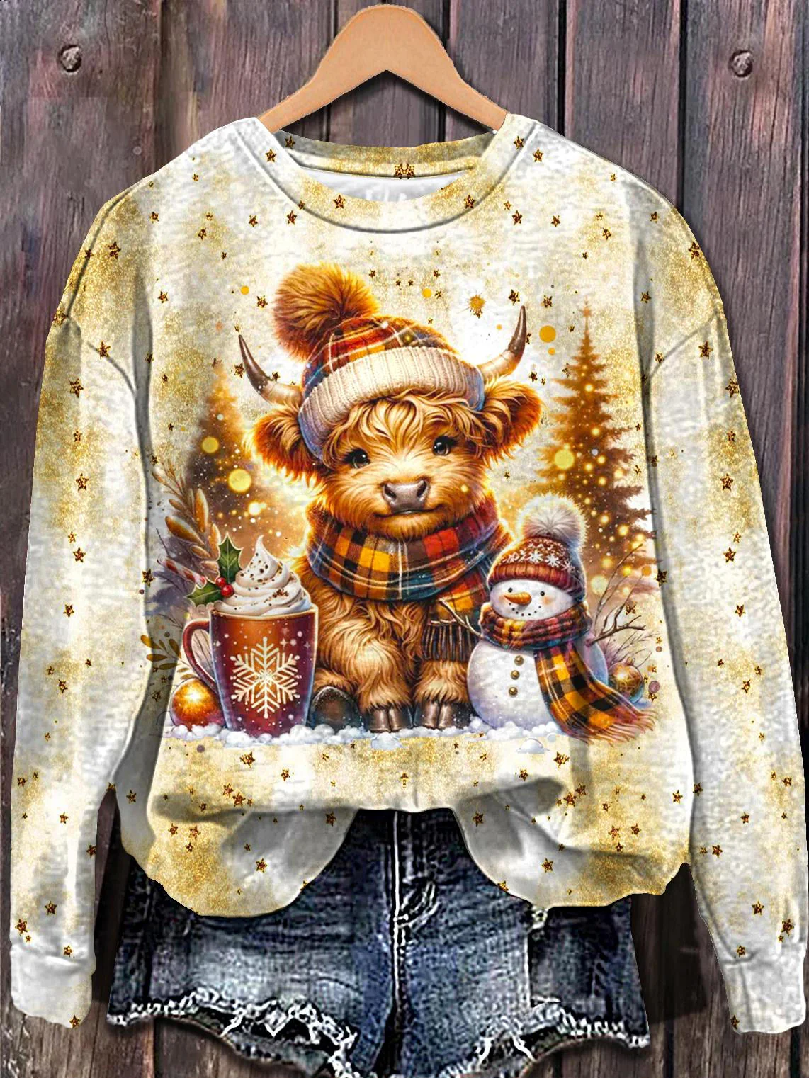 Christmas Highland Cow Snowman Printed Long Sleeve Casual Top - Image 2