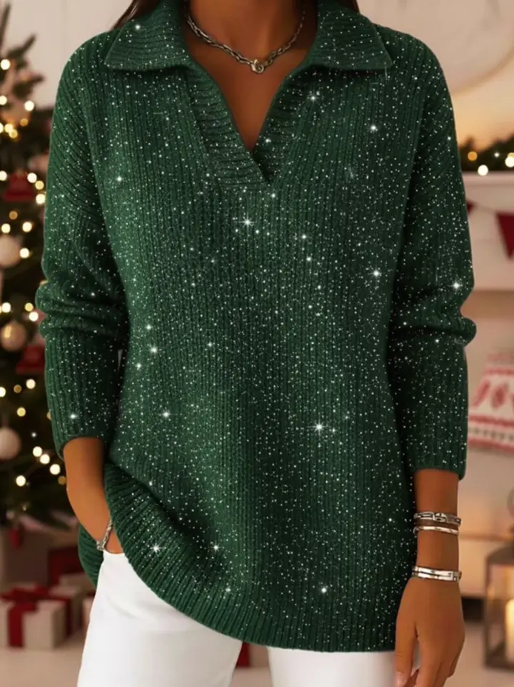 Christmas Party Polo Collar Shiny Loose Sweater Top - Image 2