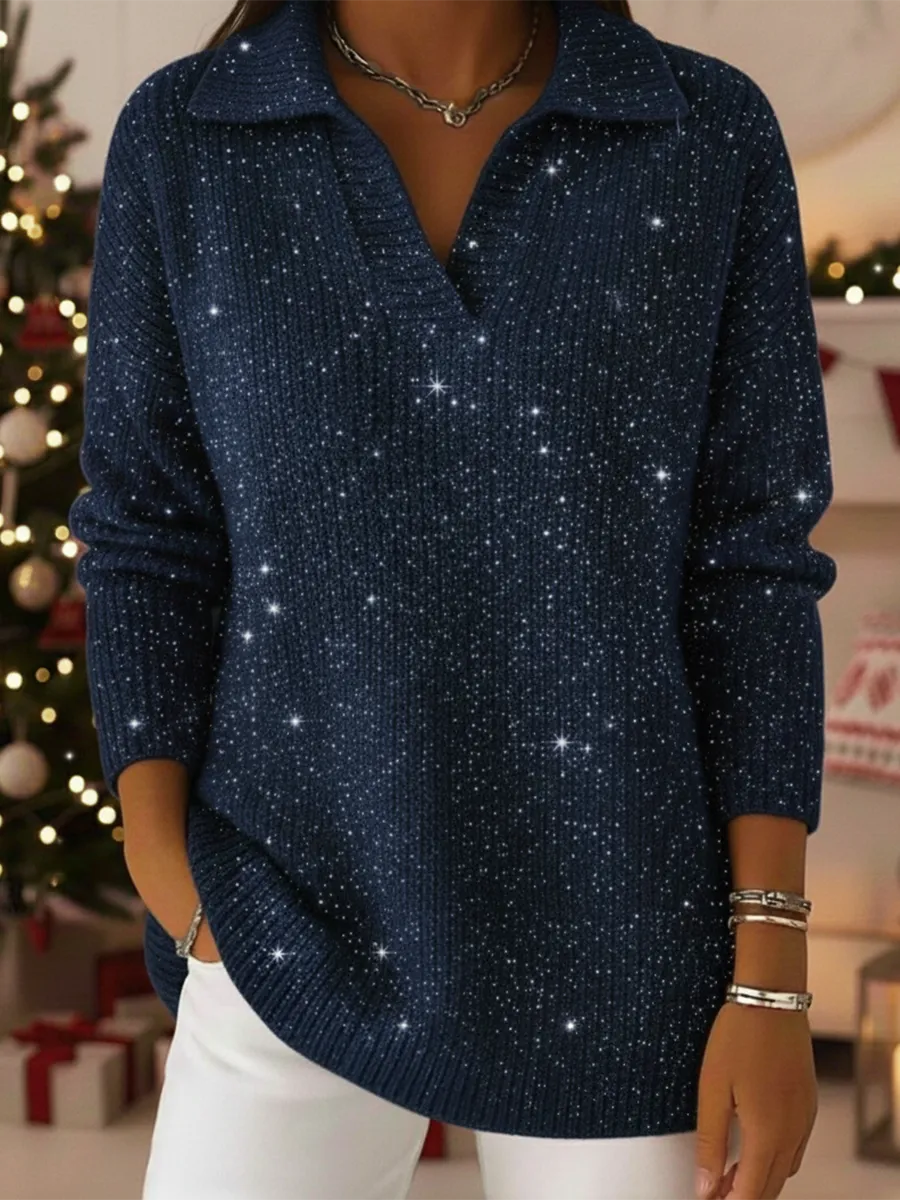 Christmas Party Polo Collar Shiny Loose Sweater Top - Image 3