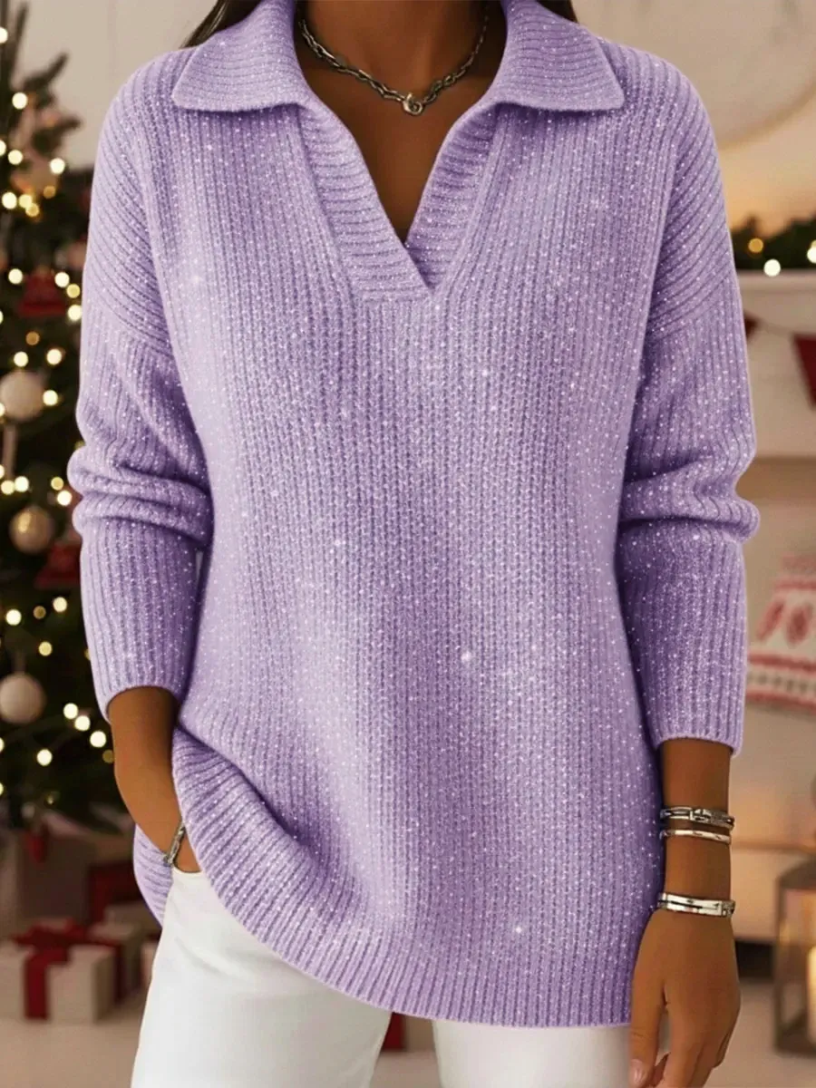 Christmas Party Polo Collar Shiny Loose Sweater Top - Image 4