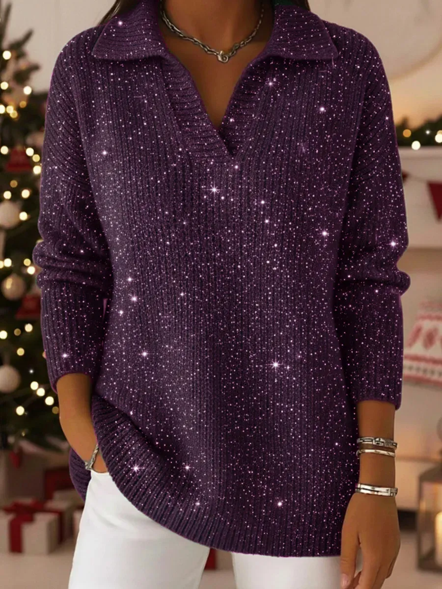 Christmas Party Polo Collar Shiny Loose Sweater Top - Image 5