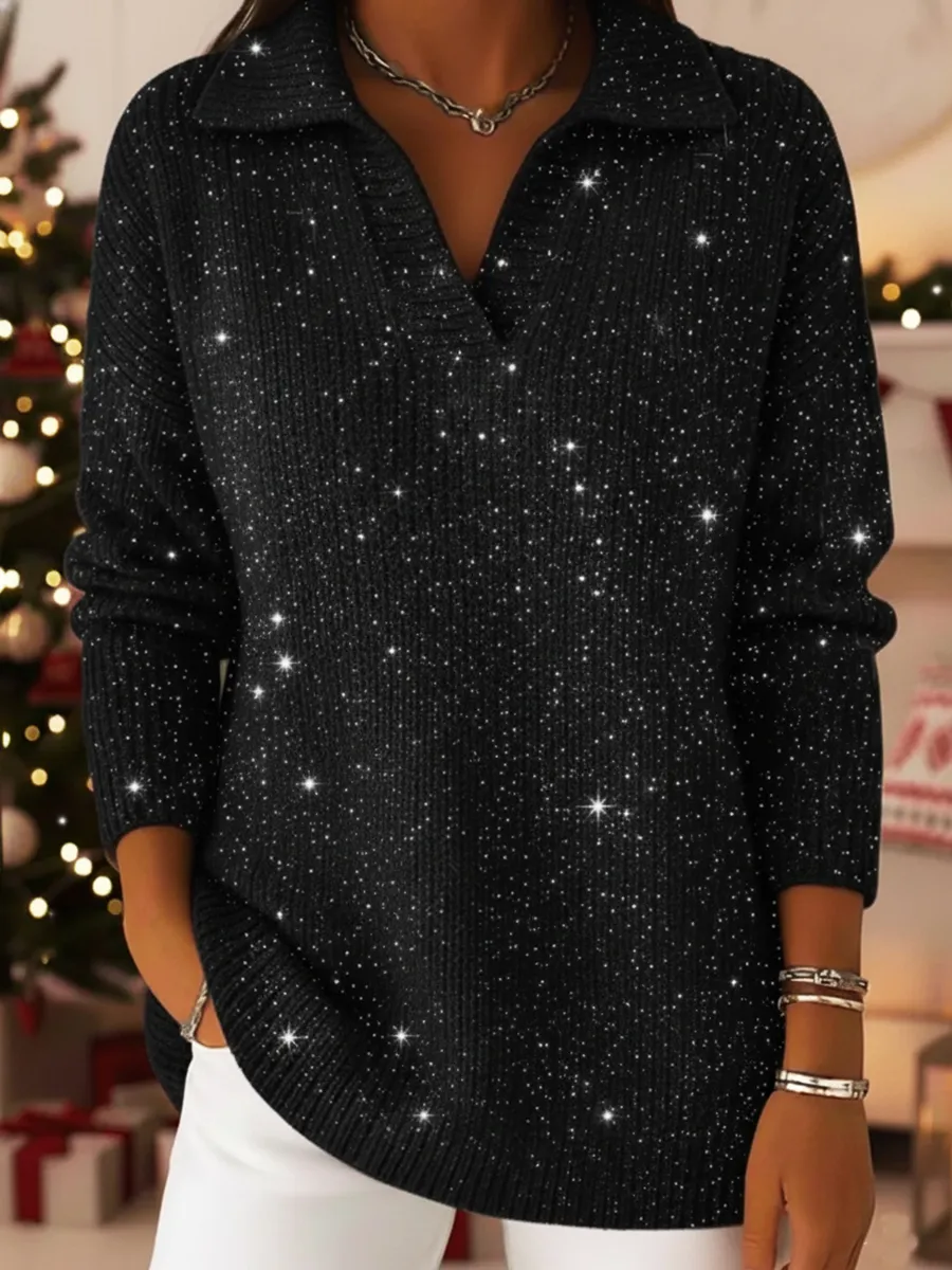Christmas Party Polo Collar Shiny Loose Sweater Top - Image 6