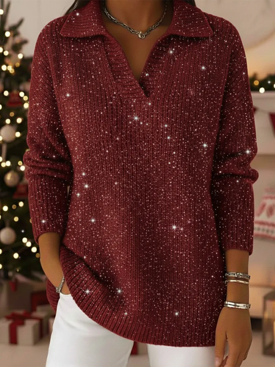 Christmas Party Polo Collar Shiny Loose Sweater Top - Image 8