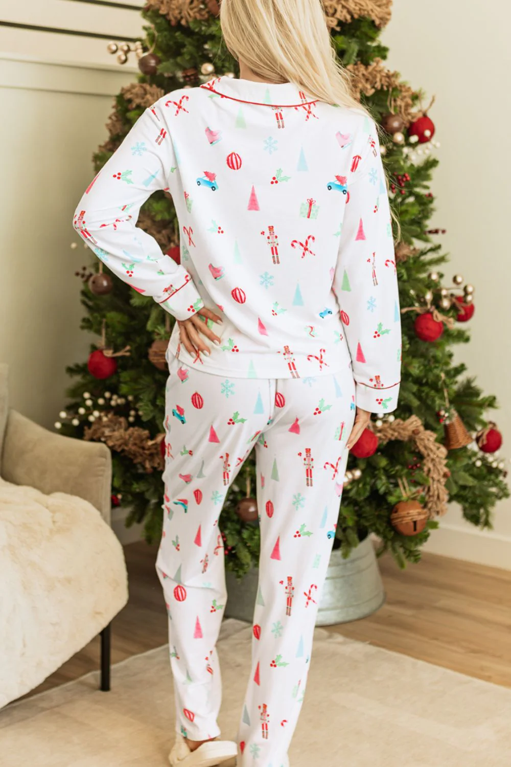Christmas Printed Collared Neck Top and Pants Lounge Set - Image 5