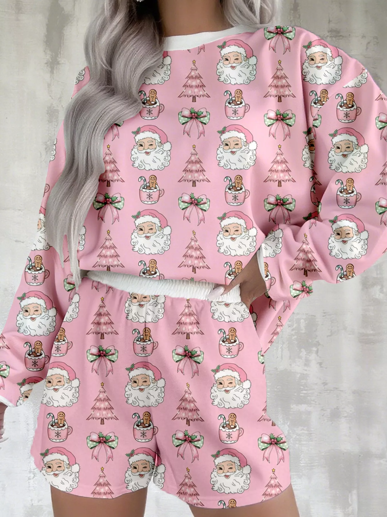 Christmas Santa Print Round Neck Top and Shorts Lounge Set - Image 2