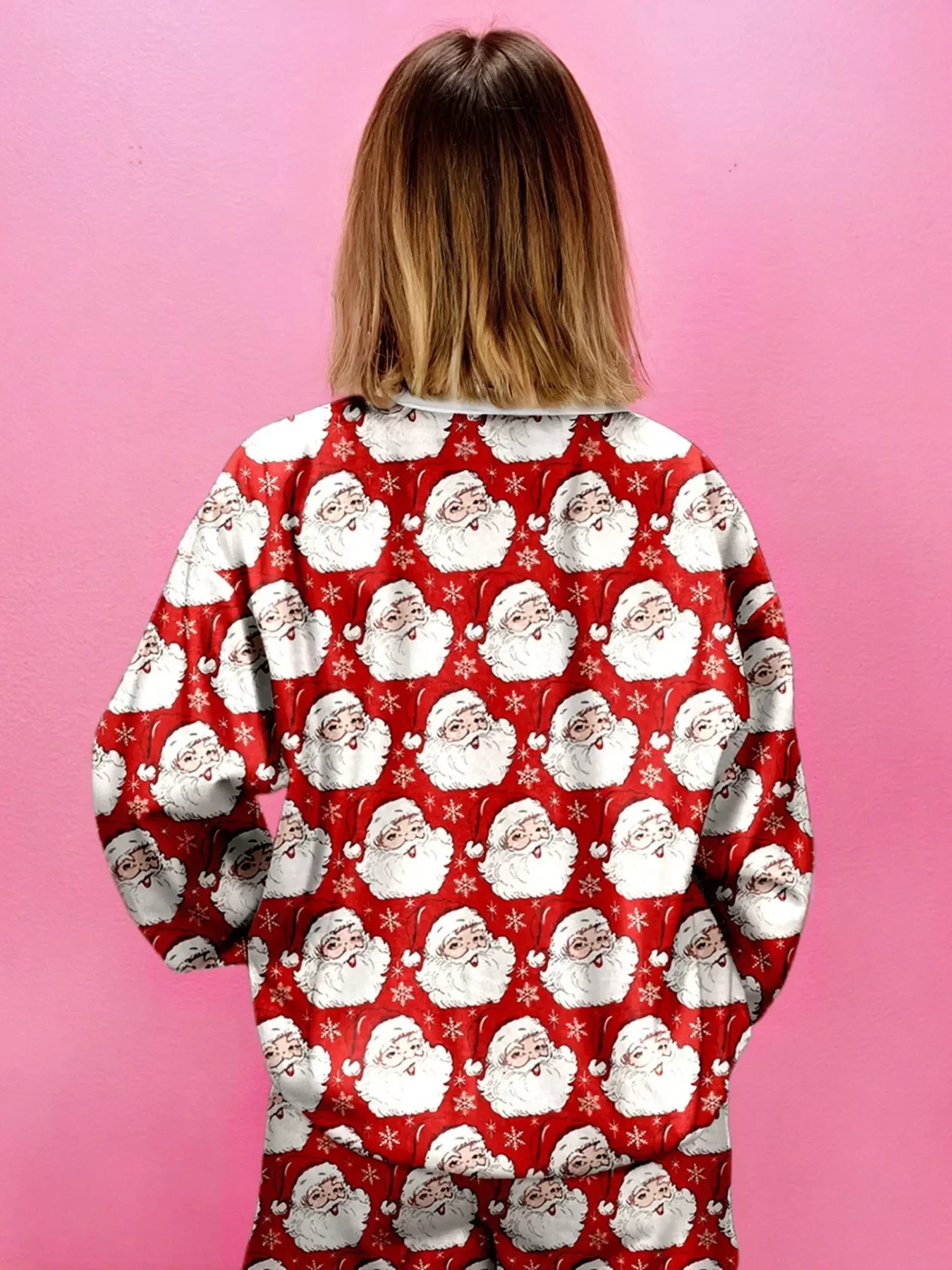 Christmas Santa Print Round Neck Top and Shorts Lounge Set - Image 6