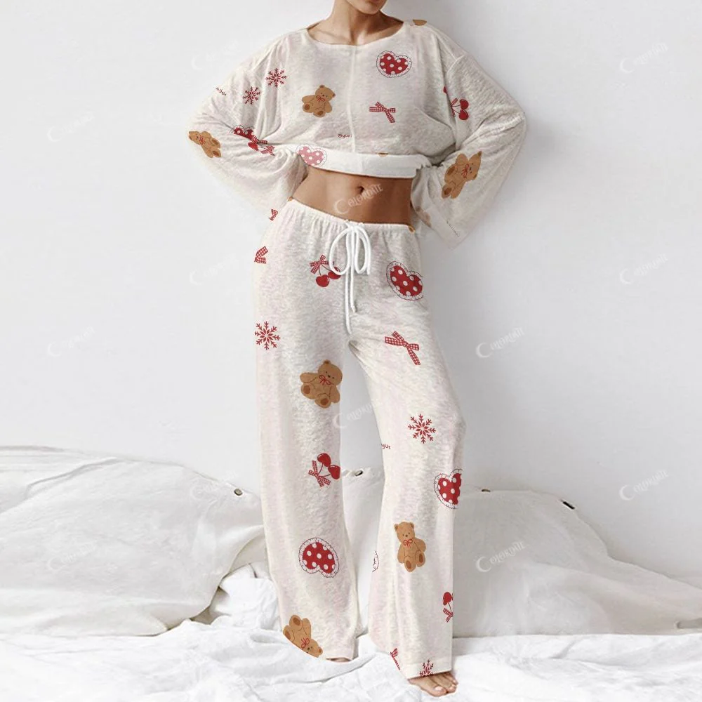 Christmas Teddy Bear Pattern Women's Long Sleeve Cotton Homewear Set - Image 2