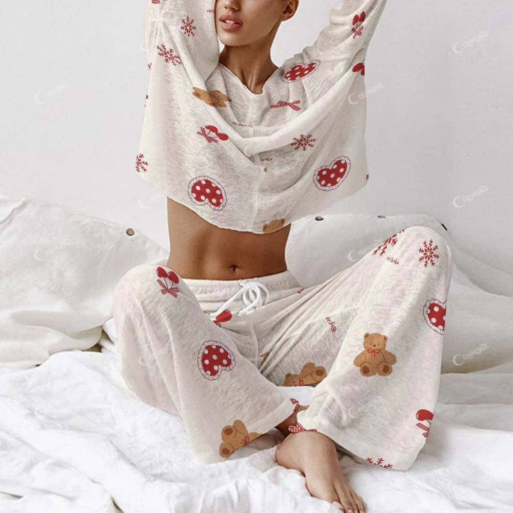 Christmas Teddy Bear Pattern Women's Long Sleeve Cotton Homewear Set - Image 3