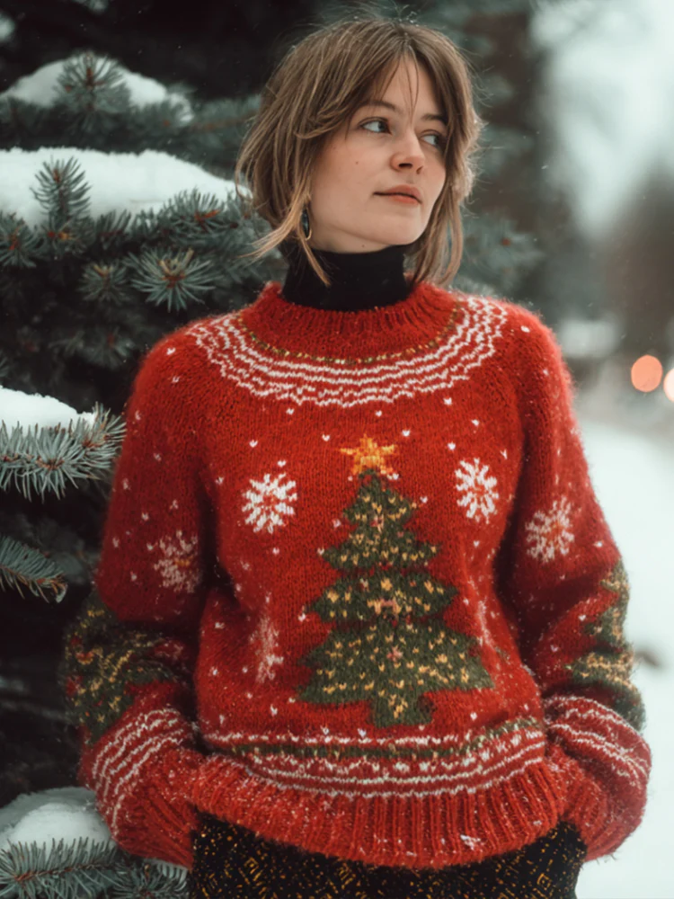 Christmas Tree Embroidered Round Neck Sweater